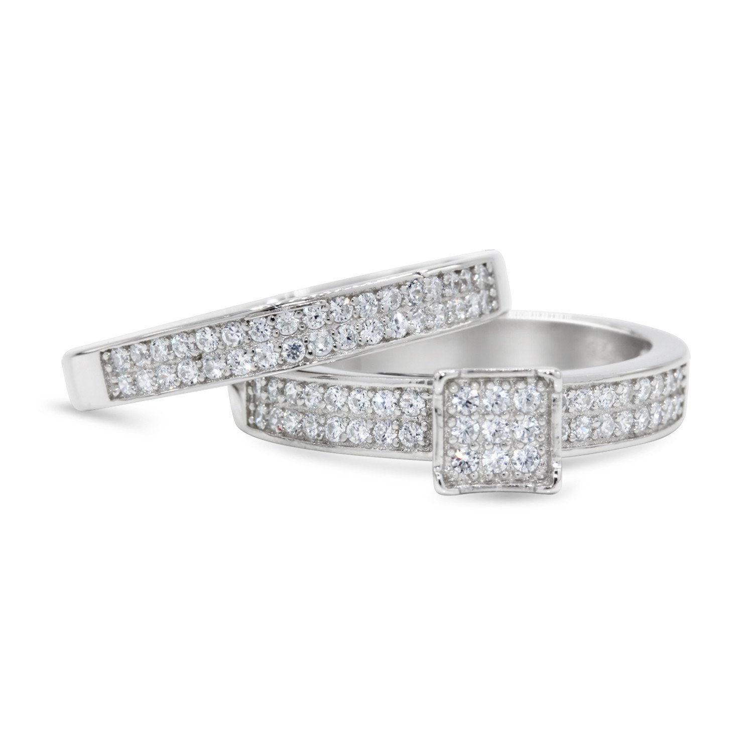 CZ 5mm Center Stone Sterling Silver Plated Crossover Halo Engagement Ring Set