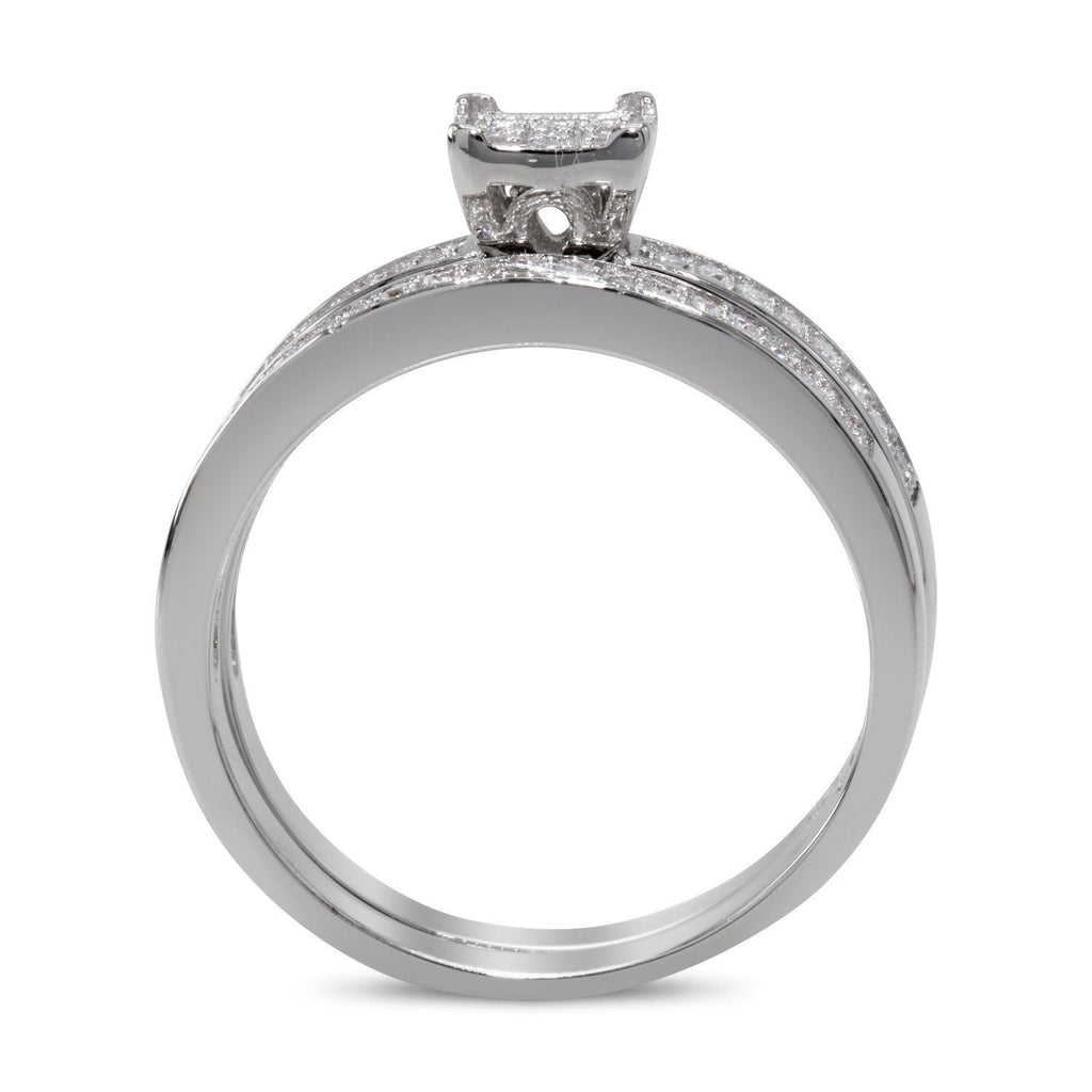 CZ 5mm Center Stone Sterling Silver Plated Crossover Halo Engagement Ring Set