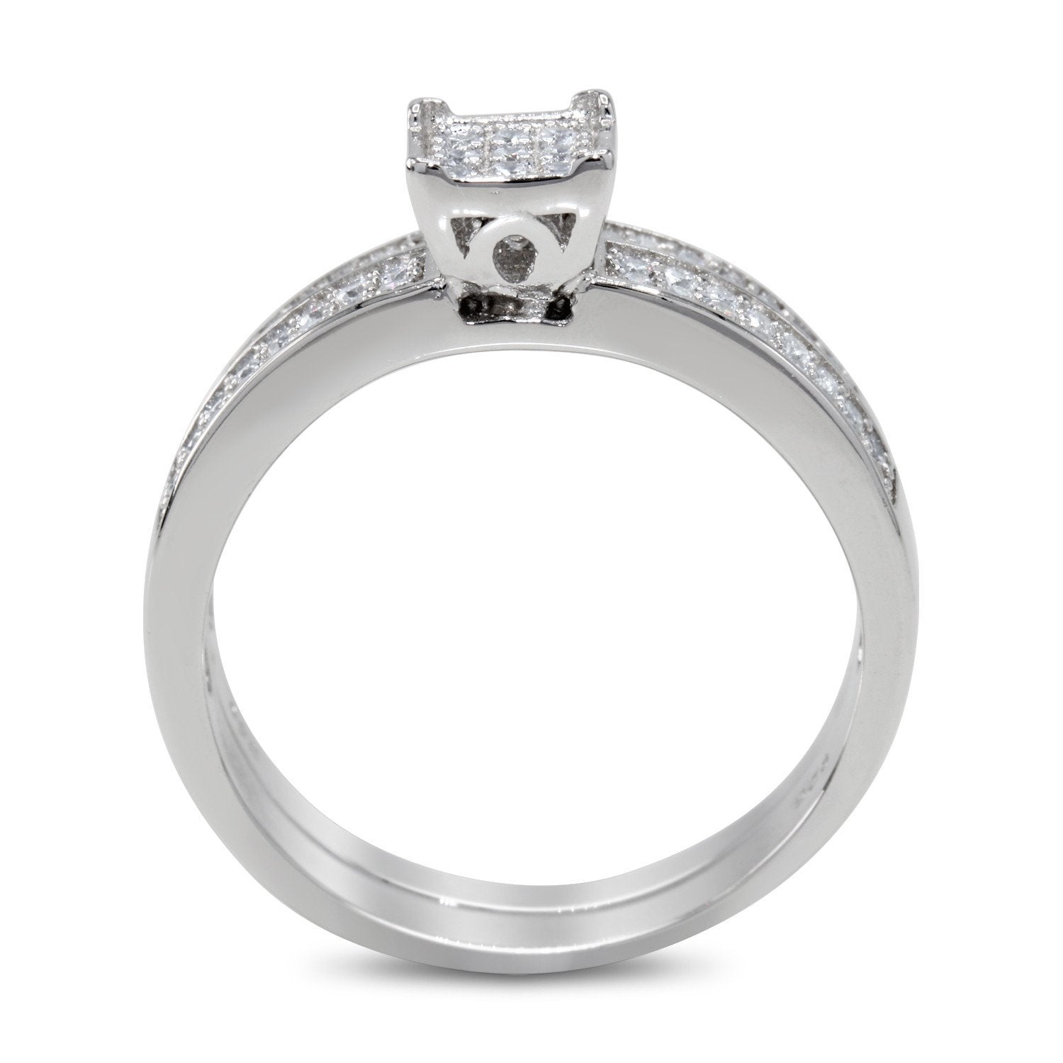 CZ 5mm Center Stone Sterling Silver Plated Crossover Halo Engagement Ring Set