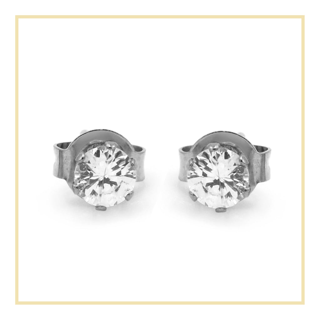 Cubic Zirconia Round Stud Earrings Stainless Steel Silver Jewelry Men Women