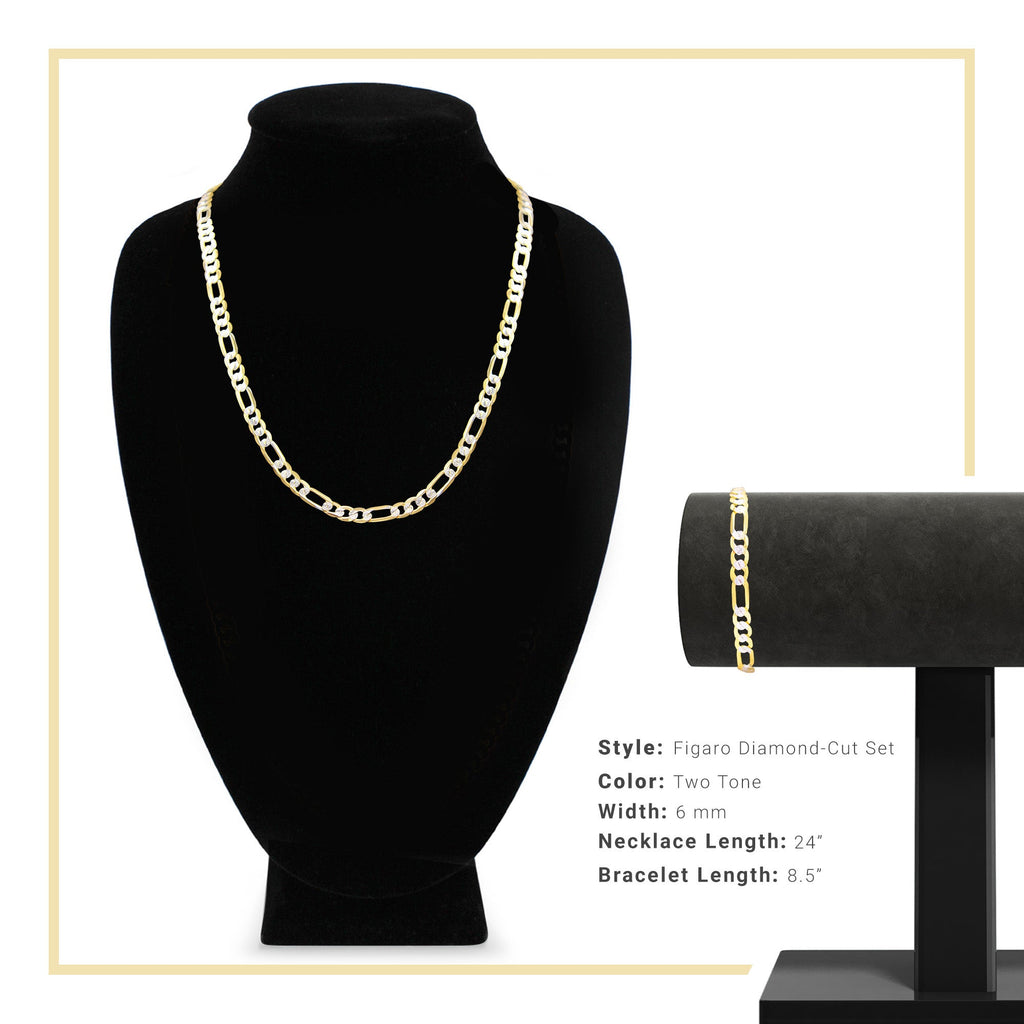 Diamond-Cut 14K Gold Filled Figaro Chain Necklace 24" Bracelet 8.5" Set 6 mm