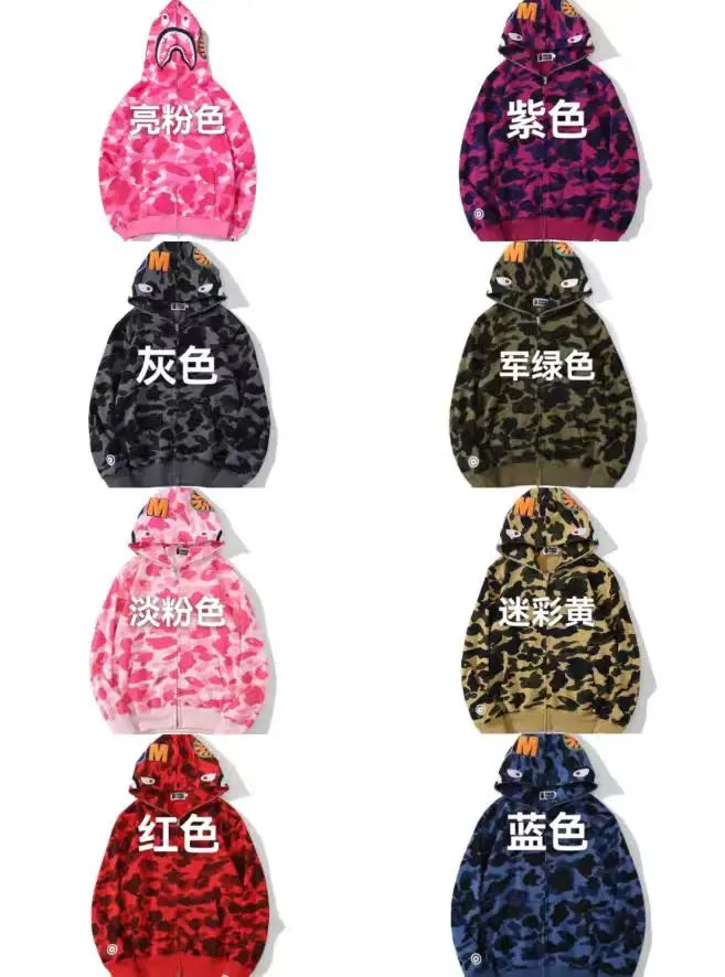2026 High Quality Bapees Camouflage Shark Zip up Hoodies 100% Cotton Sweatshirt Full Zip HoodieMen Women Unisex Streetwear