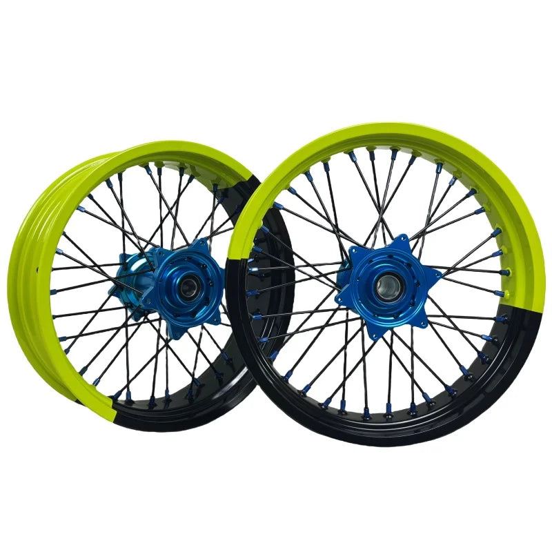 Fit KT M EXC SXF MC XE TE FE 16/17 Fluorescent Yellow Black Two-tone Rims Light Blue Hubs Dirt Bike Supermoto Wheels