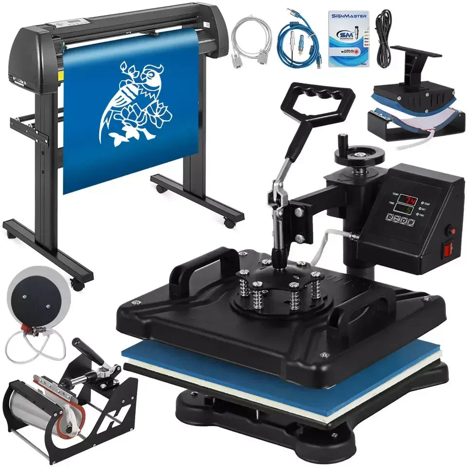 Comb 5 in 1 Heat Press Machine 12"x15" Vinyl Cutter Plotter 28" Desktop USB Port Advertisement Cutting Plotter with Signmaster