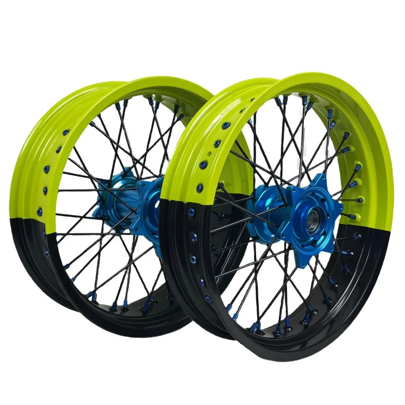 Fit KT M EXC SXF MC XE TE FE 16/17 Fluorescent Yellow Black Two-tone Rims Light Blue Hubs Dirt Bike Supermoto Wheels