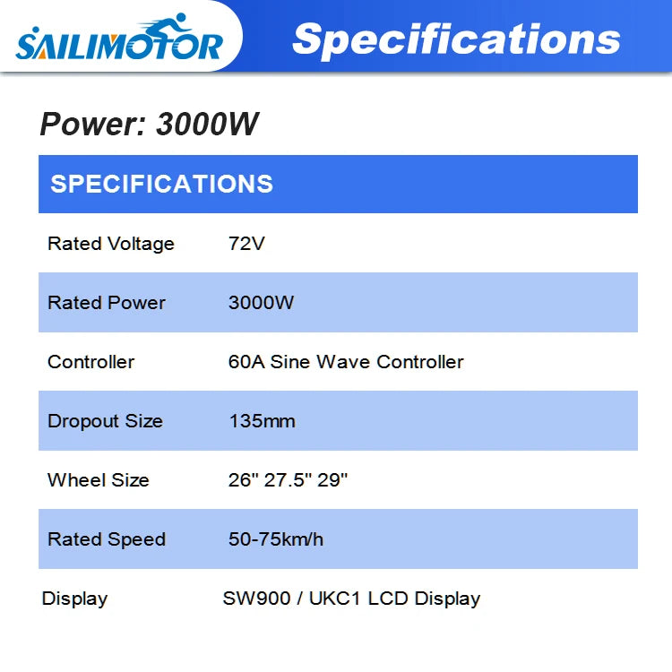 OEM ODM Sailimotor High Power 3000W E Bike Conversion Kit Optional 72v 30ah Battery for 26 27.5 29 Inch MTX Rims