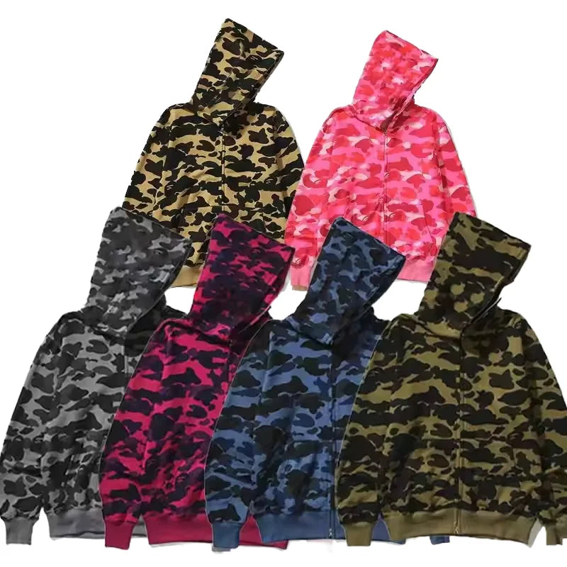 2026 High Quality Bapees Camouflage Shark Zip up Hoodies 100% Cotton Sweatshirt Full Zip HoodieMen Women Unisex Streetwear