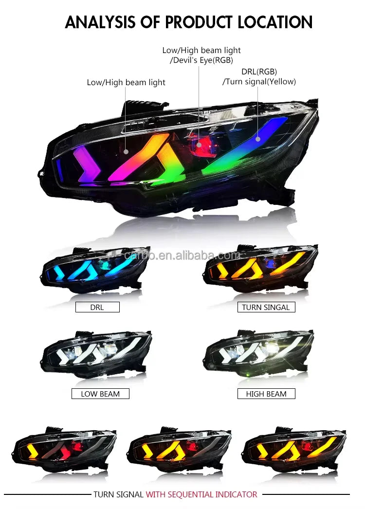 DK MOTION Hot Selling Car Accessories RGB Front Light for 2016-2021 Honda 10th Civic Sedan Hatchback Si Type R Styling Headlamp