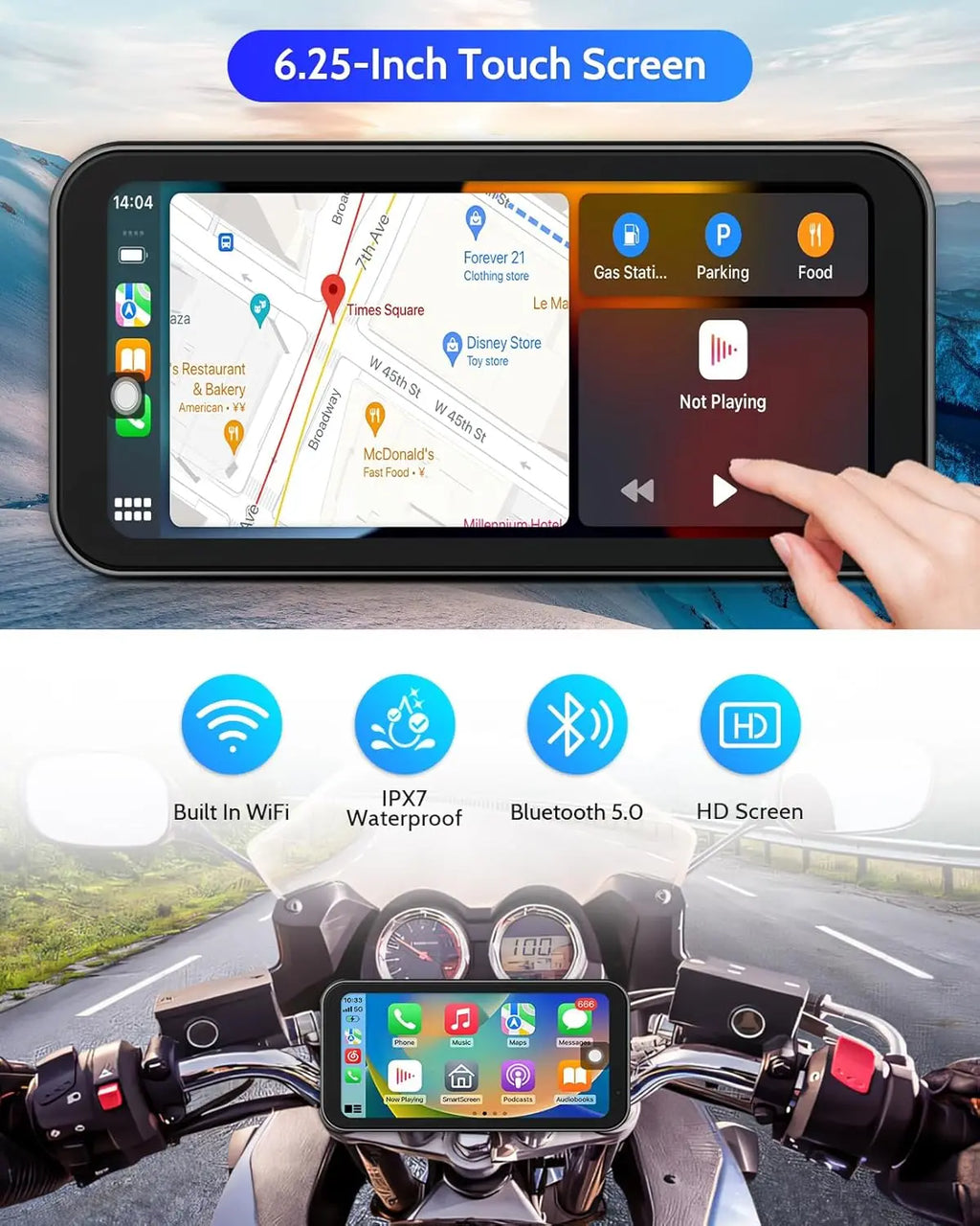 Motorcycle CarPlay  Android Auto 6.25 Inch Screen Portable  GPS Navigation for Motorbike WiFi Bluetooth Siri G00gle Assistant