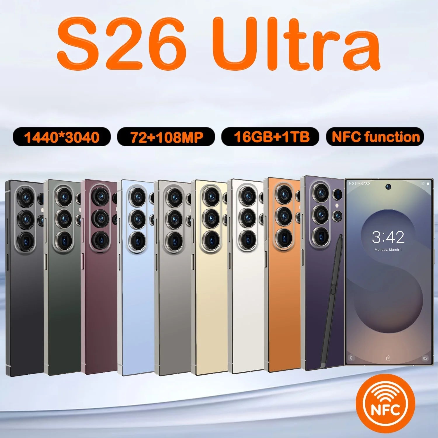S26 Ultra 7.3" HD LCD 120Hz Deca Core 16GB+1TB 108MP Camera Dual SIM LTE/CDMA 5G Android 14 Smartphone Spanish