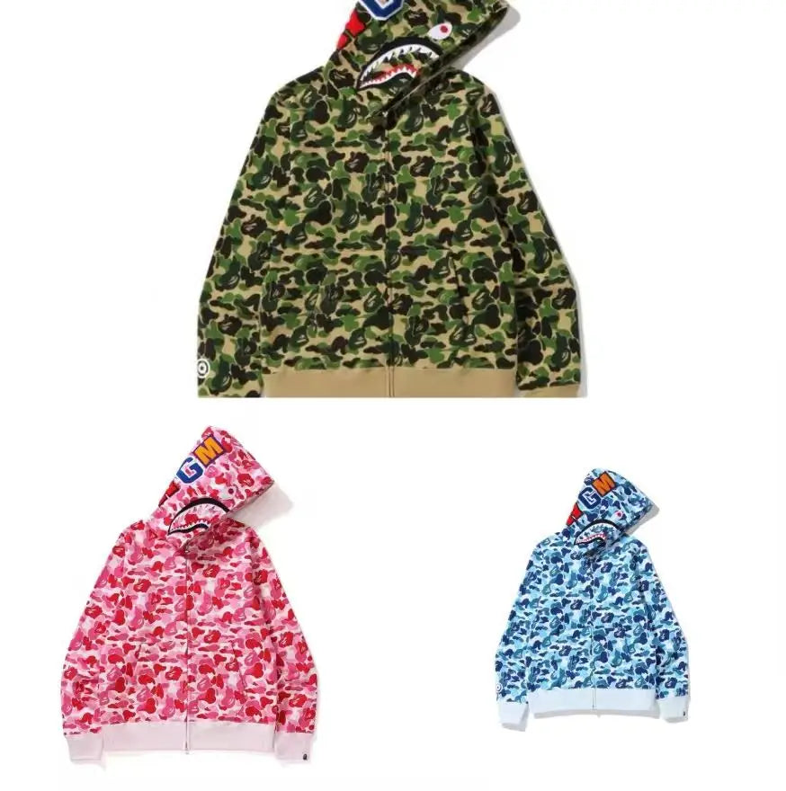 2026 High Quality Bapees Camouflage Shark Zip up Hoodies 100% Cotton Sweatshirt Full Zip HoodieMen Women Unisex Streetwear