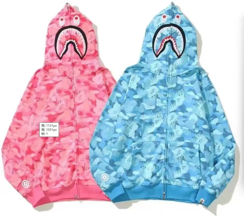 2026 High Quality Bapees Camouflage Shark Zip up Hoodies 100% Cotton Sweatshirt Full Zip HoodieMen Women Unisex Streetwear