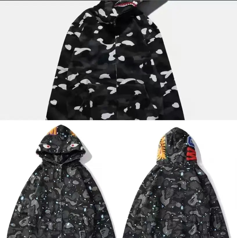 2026 High Quality Bapees Camouflage Shark Zip up Hoodies 100% Cotton Sweatshirt Full Zip HoodieMen Women Unisex Streetwear