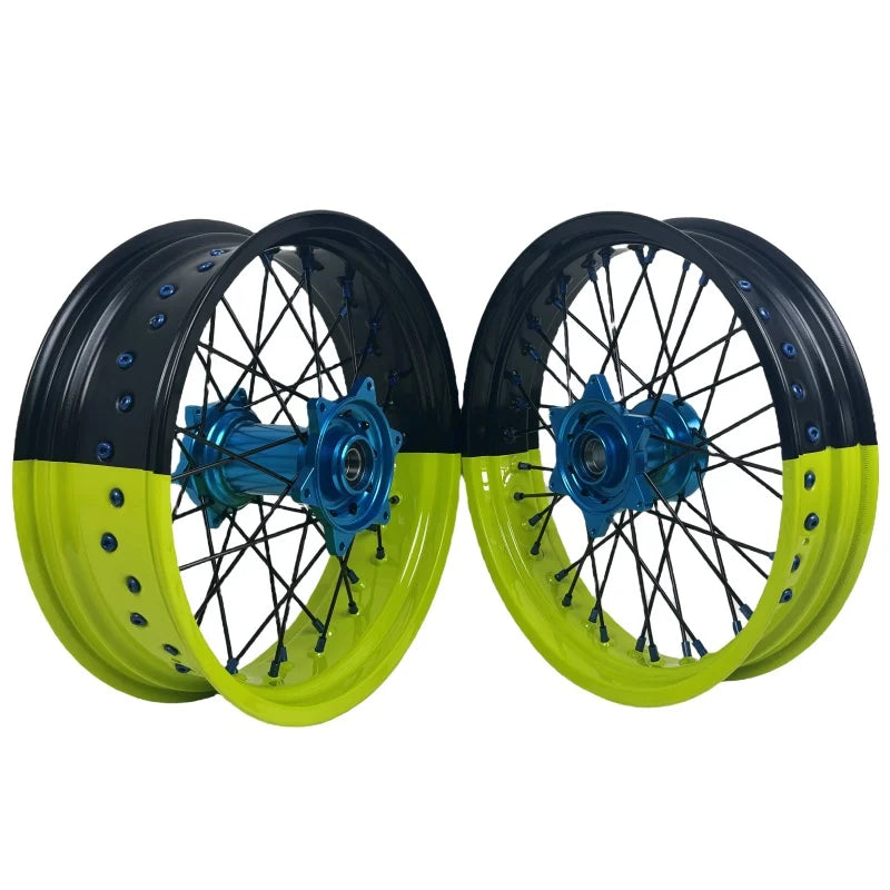 Fit KT M EXC SXF MC XE TE FE 16/17 Fluorescent Yellow Black Two-tone Rims Light Blue Hubs Dirt Bike Supermoto Wheels