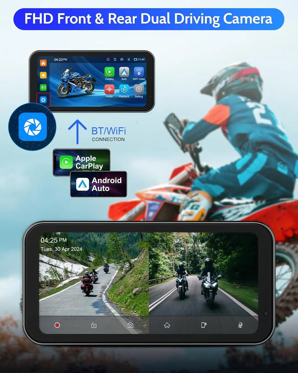 Motorcycle CarPlay  Android Auto 6.25 Inch Screen Portable  GPS Navigation for Motorbike WiFi Bluetooth Siri G00gle Assistant