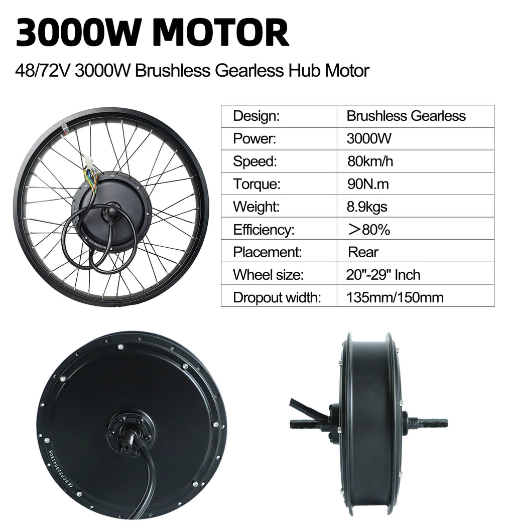 US Stock 72v 3000w Electric Conversion Kit Super Power  Brushless Gearless Motor 60amp FOC Sin Wave Controller MTX Bicycle Rim