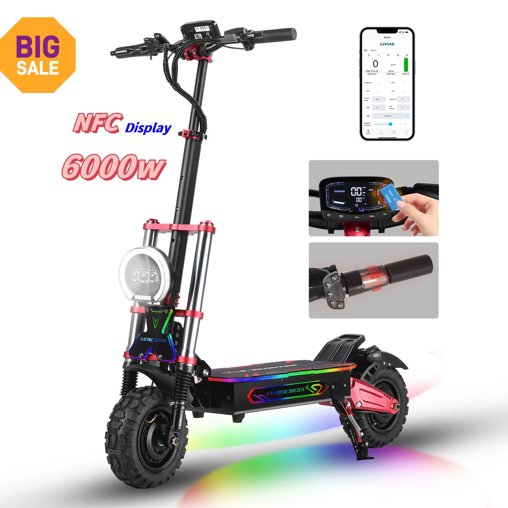 US Warehouse Adult Scooter NFC App Control 6000w Dual Motor Fast Speed Long Range 11inch Off Road Electrical Electric Scooter