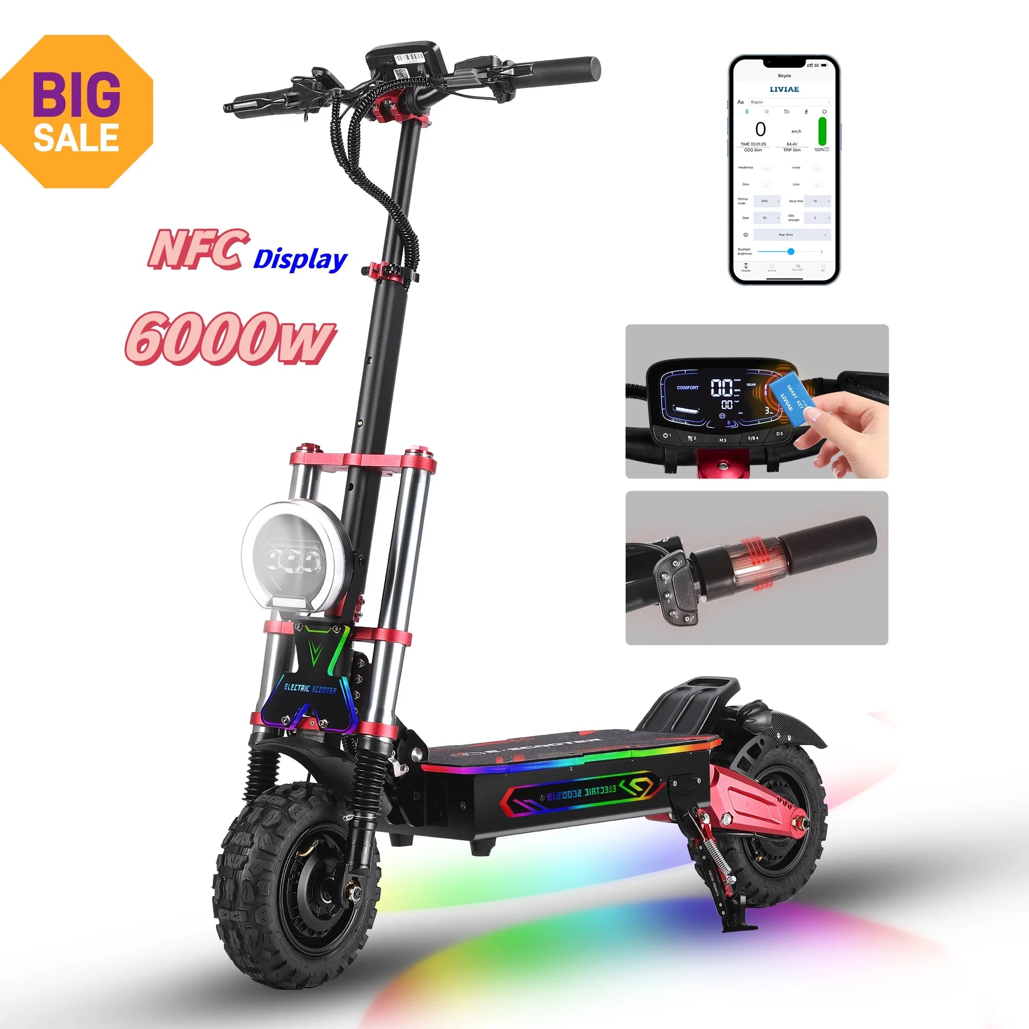 US Warehouse Adult Scooter NFC App Control 6000w Dual Motor Fast Speed Long Range 11inch Off Road Electrical Electric Scooter