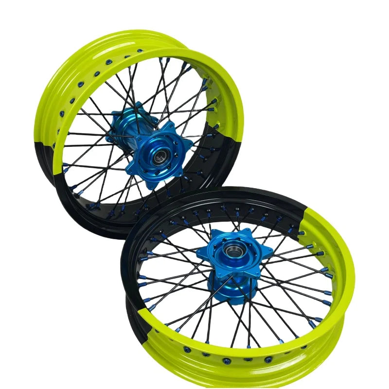 Fit KT M EXC SXF MC XE TE FE 16/17 Fluorescent Yellow Black Two-tone Rims Light Blue Hubs Dirt Bike Supermoto Wheels