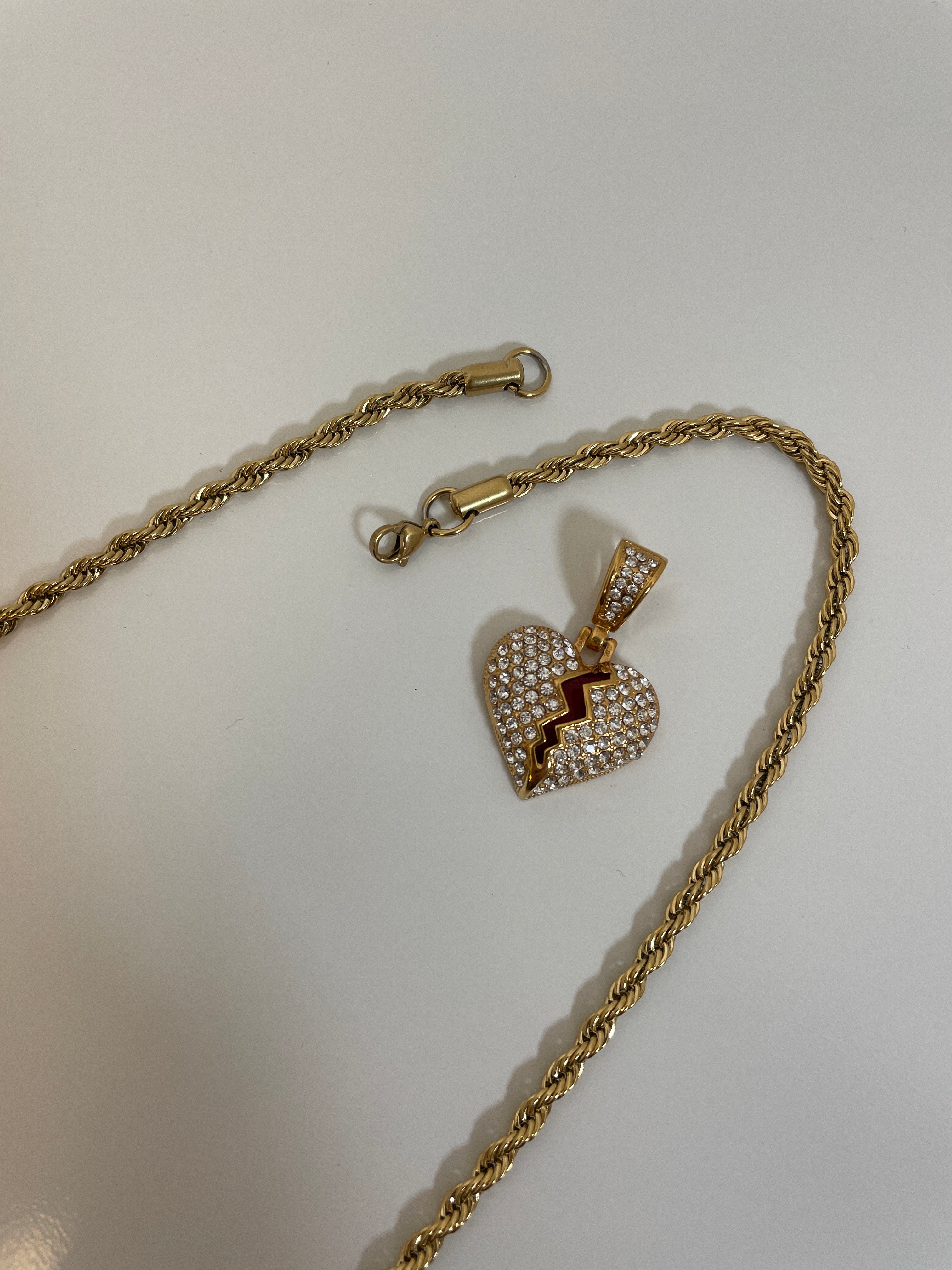 Red Broken Heart Pendant with 14K Gold Filled Rope Necklace 4mm 24" Chain Set