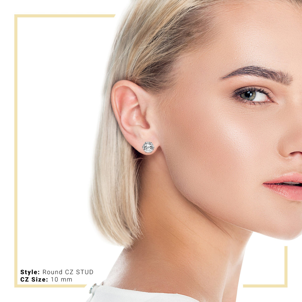 Cubic Zirconia Round Stud Earrings Stainless Steel Silver Jewelry Men Women