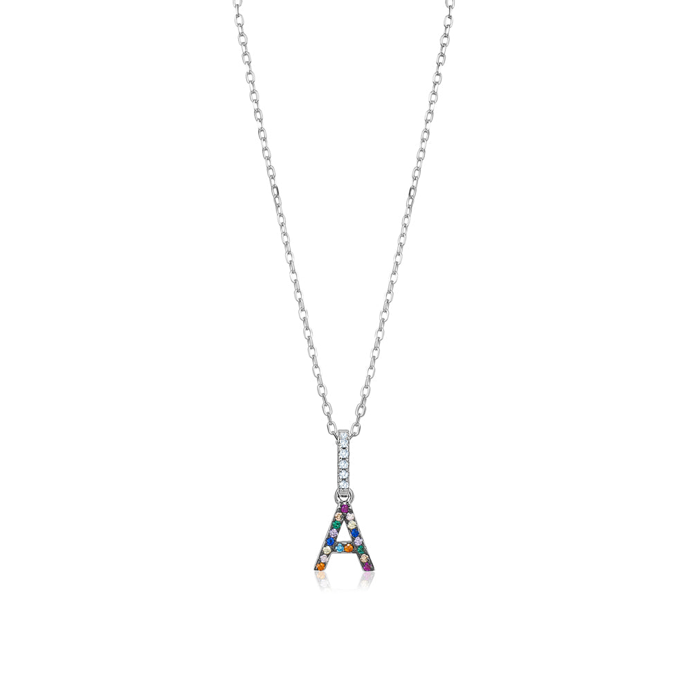 Sterling Silver Initial Necklace Pendant for Girls Multi Color Rainbow Simulated Gemstones Letters