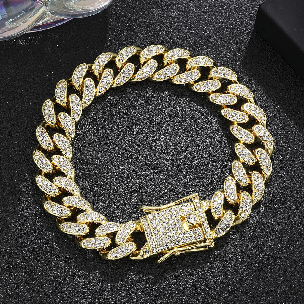 Luxury Iced Out Cuban Link Chain Bracelet for Men Paved Crystal Hip-Hop Jewelry Stainless Steel Bling Bling Wristband Gift