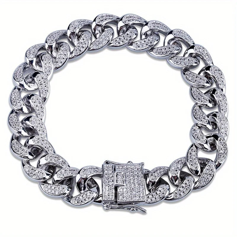 Luxury Iced Out Cuban Link Chain Bracelet for Men Paved Crystal Hip-Hop Jewelry Stainless Steel Bling Bling Wristband Gift
