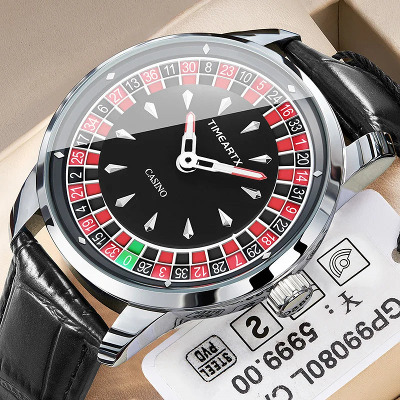 TIMEARTX New European Roulette Trendy Men's Watch Poker Game Fashion Quartz Movement Genuine Leather Wristwatch