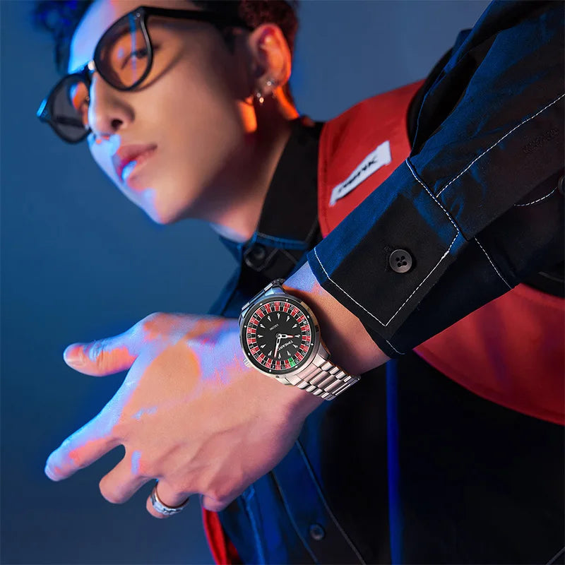 TIMEARTX New European Roulette Trendy Men's Watch Poker Game Fashion Quartz Movement Genuine Leather Wristwatch