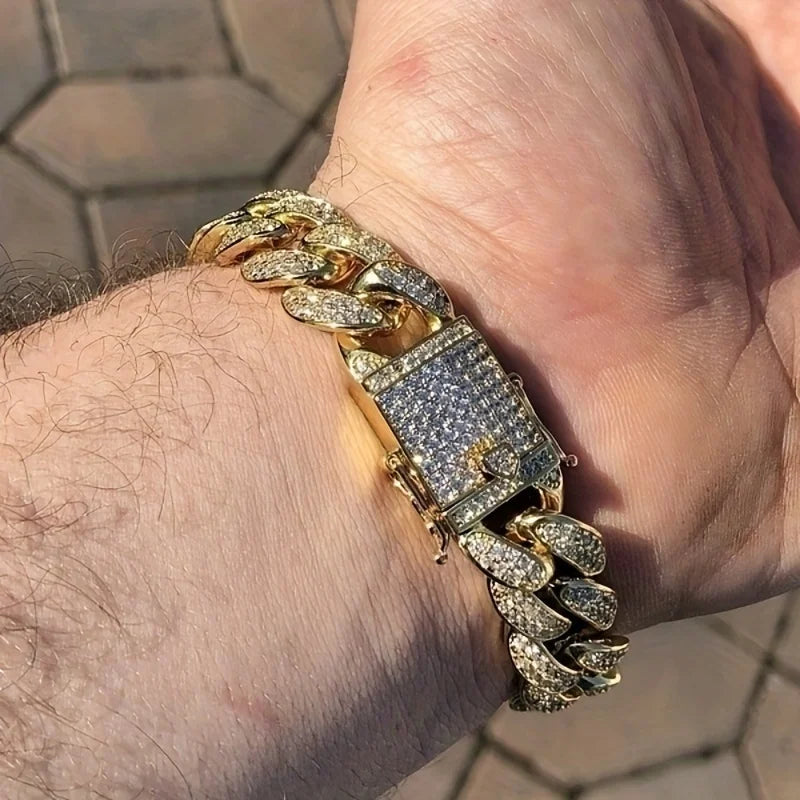 Luxury Iced Out Cuban Link Chain Bracelet for Men Paved Crystal Hip-Hop Jewelry Stainless Steel Bling Bling Wristband Gift