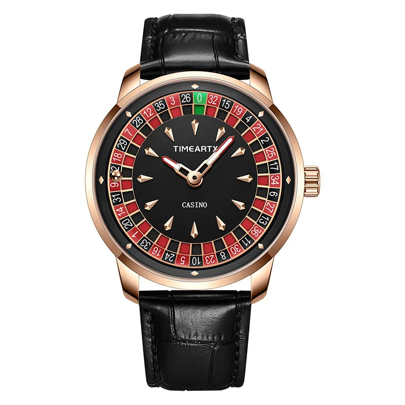 TIMEARTX New European Roulette Trendy Men's Watch Poker Game Fashion Quartz Movement Genuine Leather Wristwatch