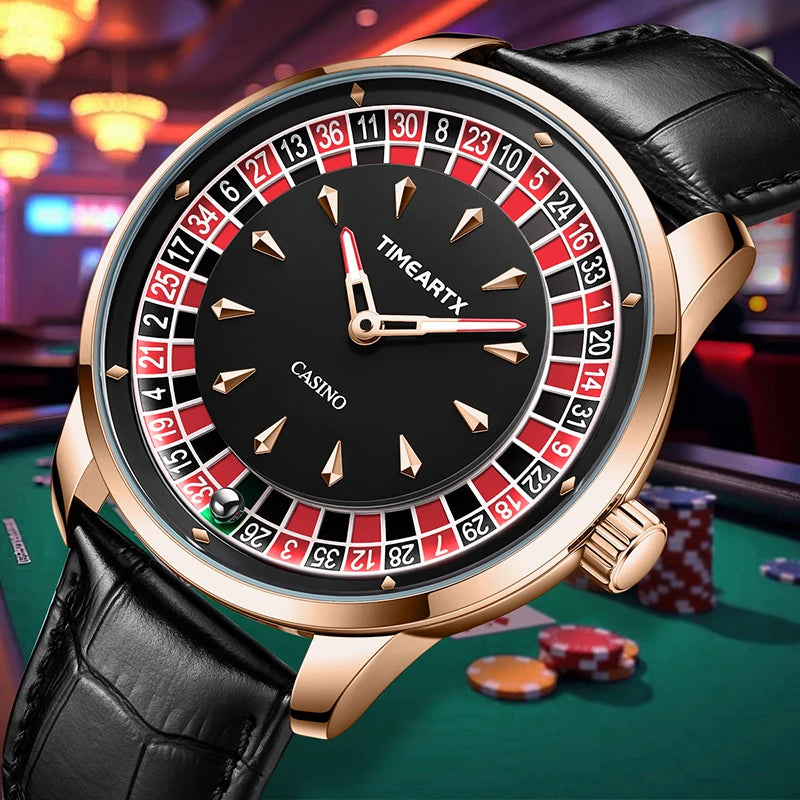 TIMEARTX New European Roulette Trendy Men's Watch Poker Game Fashion Quartz Movement Genuine Leather Wristwatch