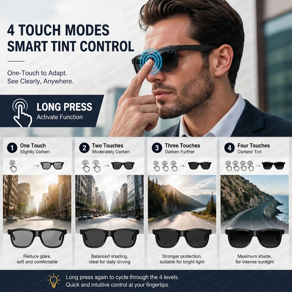 2026 New Smart Audio Glasses AI Translation Bluetooth Call Touch Color Change Lens Sunglasses Dual Mic ENC Noise Reduction IP65
