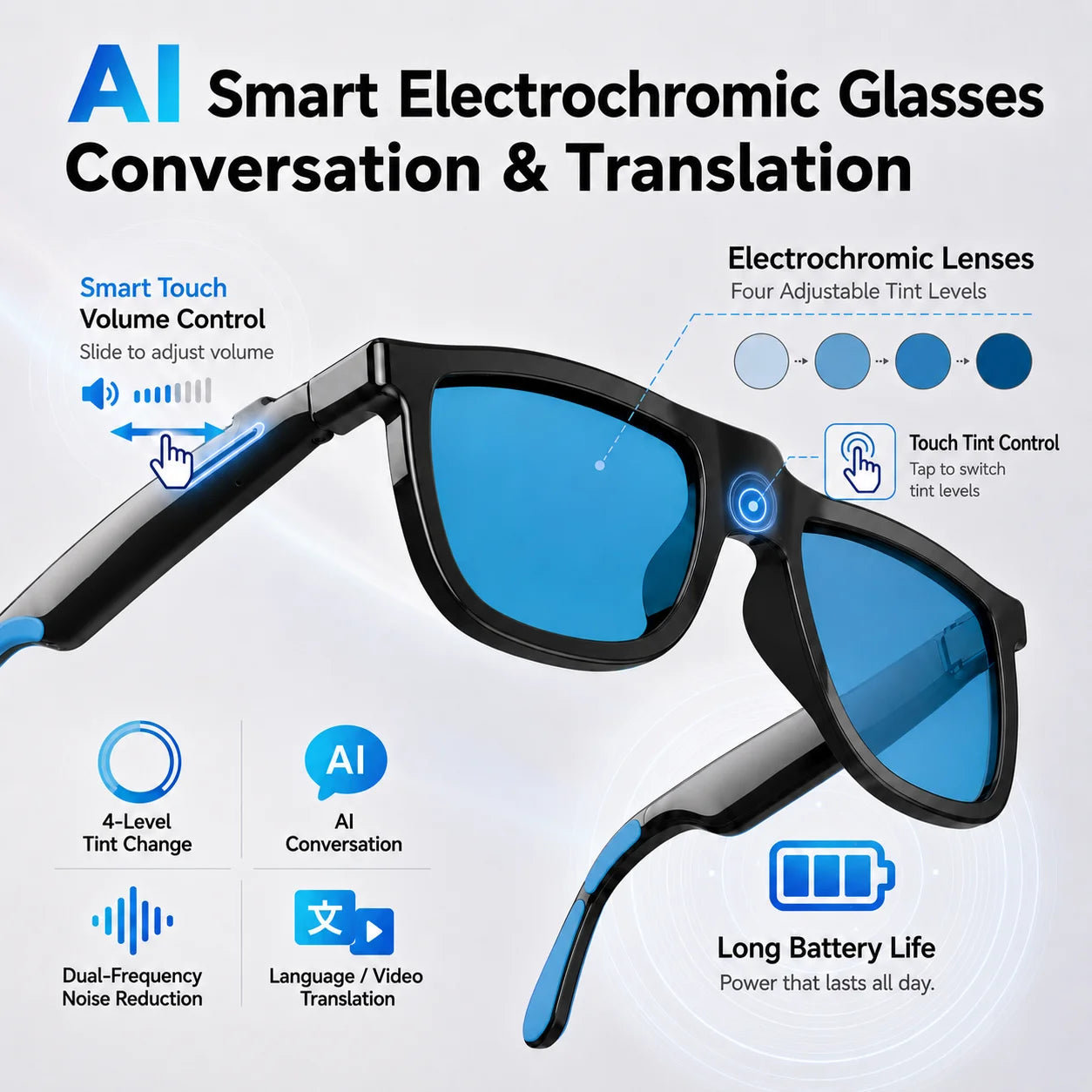 2026 New Smart Audio Glasses AI Translation Bluetooth Call Touch Color Change Lens Sunglasses Dual Mic ENC Noise Reduction IP65