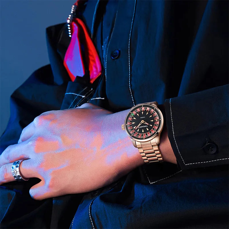 TIMEARTX New European Roulette Trendy Men's Watch Poker Game Fashion Quartz Movement Genuine Leather Wristwatch