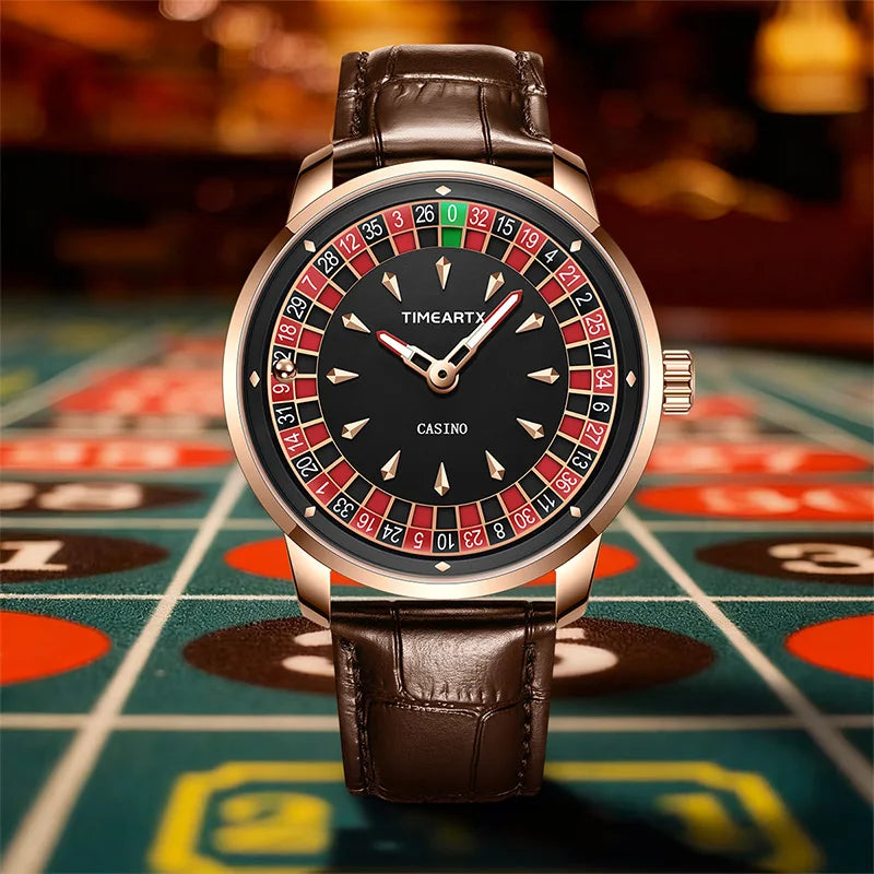 TIMEARTX New European Roulette Trendy Men's Watch Poker Game Fashion Quartz Movement Genuine Leather Wristwatch