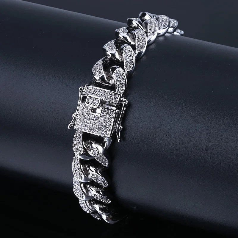 Luxury Iced Out Cuban Link Chain Bracelet for Men Paved Crystal Hip-Hop Jewelry Stainless Steel Bling Bling Wristband Gift