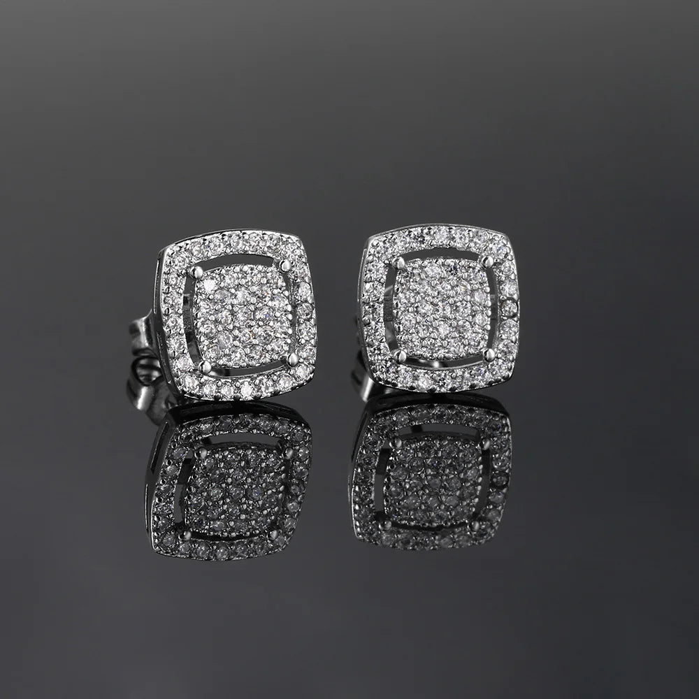 Square Iced Out Zirconia Ear Piercing Stud Unisex Earrings Punk Rock Hiphop Cartilage Lobe Earing Trendy Male Jewelry OHE164